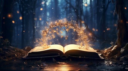 Mystery open book with shining pages. Fantasy book with magic light sparkles and mystery forest on background