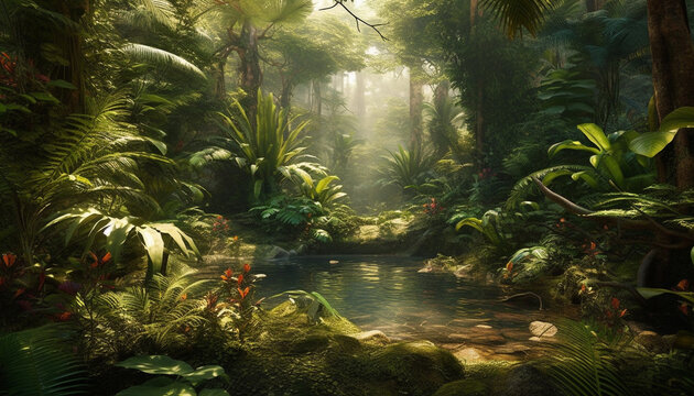 Tranquil scene of a tropical rainforest, lush with green foliage generated by AI © Stockgiu