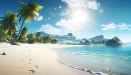 Idyllic tropical coastline, blue water, palm trees, sunset, tranquil scene generated by AI