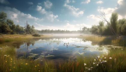 A serene landscape with a tranquil pond reflecting the autumn forest generated by AI