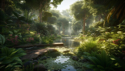 Nature beauty forest, tree, landscape, outdoors, green color, water generated by AI