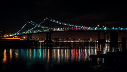 Night cityscape reflects on water, dusk illuminates famous bridge generated by AI