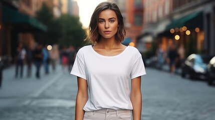 Woman Posing and Wearing White Tee Shirt Mockup Placement on the Street. Shirt Mockup Template
