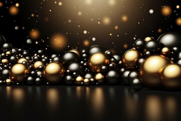 Fototapeta na wymiar Elegant background decoration with glittering glowing black and gold balls with bokeh. Vector Style