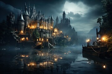 vampire Castle with a landscape of trees, foggy, in the night, photorealistic by Generative AI