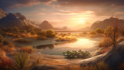 Sunset over the mountain, a tranquil scene of beauty in nature generated by AI