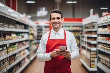 A supermarket employee. Portrait of handsome staff man salesman in apron standing using digital tablet and looking at camera in grocery store supermarket. small business owner. Generative AI