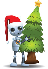 3D illustration of a little robot cost play as a Santa Claus  hug pine tree
