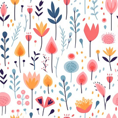 Seamless pattern with flowers and leaves on white background