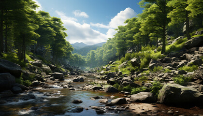 Tranquil scene mountain peak reflects in flowing water, nature beauty generated by AI