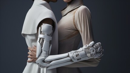 Disabled couple with prosthetic arms hugging each other, couple concept,robot and people