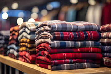 stacked flannel shirts on wooden table