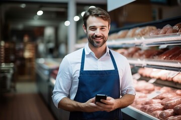 Fototapeta premium A supermarket employee. Portrait of handsome staff man salesman in apron standing using digital tablet and looking at camera in grocery store supermarket. small business owner. Generative AI
