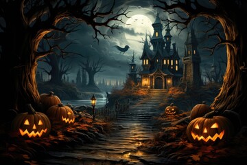 Halloween moon night Perspective of Halloween abandoned castle, orange-red sky, bat, cute scary pumpkin face, boo, cemetery, four scary trees, spider web, Halloween concept by Generative AI