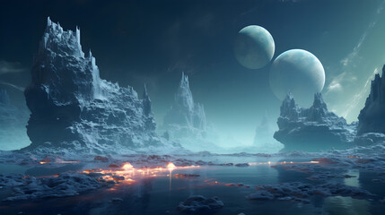 Phosphorescent light from living organisms line the shoreline of a lake on a cold barren alien world