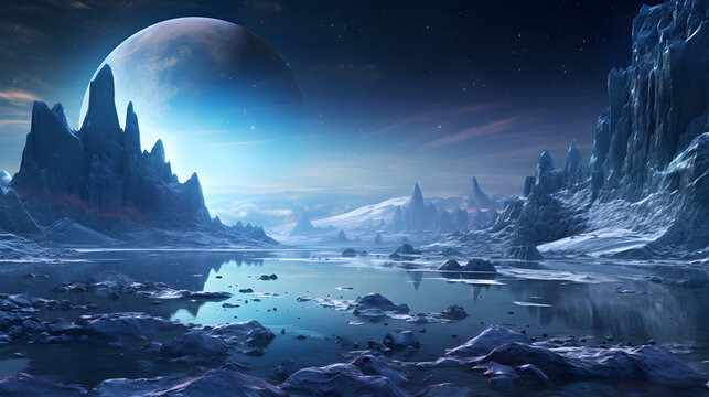 A vast, tranquil body of water is encircled by snow-clad mountains on an extraterrestrial world, concealing the potential for life beneath its waves.