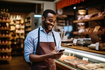 A supermarket employee. Portrait of handsome staff man salesman in apron standing using digital tablet and looking at camera in grocery store supermarket. small business owner. Generative AI