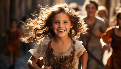 Fototapeta premium Smiling child, cheerful girls, playful boys, enjoying carefree outdoors generated by AI
