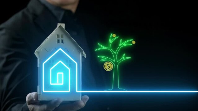 A business man have a house on his palms beside have a growing dollar coin tree. Property investment concept.