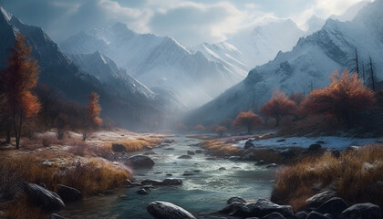 Majestic mountain peak, surrounded by fog, in a tranquil landscape generated by AI