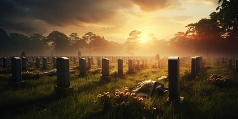 A graveyard for the dead with rows of sacred gravestones. Each sign tells a story. The concept of the legacy of those lost in war by generative ai. - obrazy, fototapety, plakaty