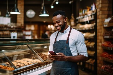 A supermarket employee. Portrait of handsome staff man salesman in apron standing using digital tablet and looking at camera in grocery store supermarket. small business owner. Generative AI