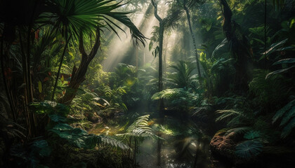 Mysterious tropical rainforest, a dark and foggy landscape of beauty generated by AI