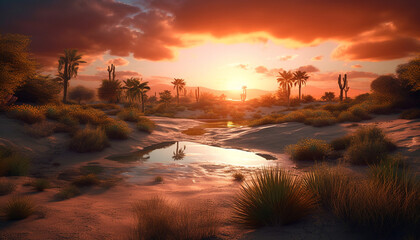 Sunset over the tranquil landscape, sand dunes reflecting the beauty generated by AI