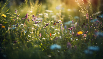 A vibrant meadow of wildflowers under the summer sunset generated by AI