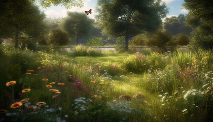 Beautiful meadow with green grass, colorful flowers, and tranquil sunset generated by AI