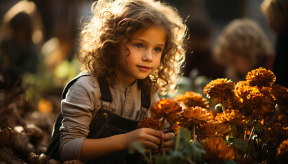 Smiling Caucasian girl holding flower, enjoying nature with family generated by AI