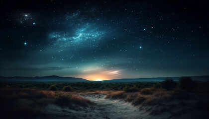 Fototapeta na wymiar Milky Way illuminates night sky, revealing majestic mountain landscape generated by AI