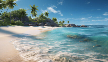 Idyllic tropical coastline, turquoise waters, palm trees, and tranquil relaxation generated by AI