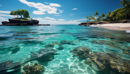 Idyllic tropical coastline, turquoise water, green landscape, tranquil underwater beauty generated by AI