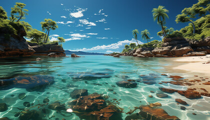 Tropical coastline, turquoise water, palm trees perfect summer vacation generated by AI