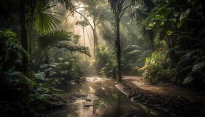 Tranquil scene of a tropical rainforest, a paradise of beauty generated by AI