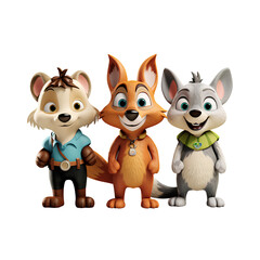 cutout set of 3 cartoon animal toys characters isolated on a transparent background