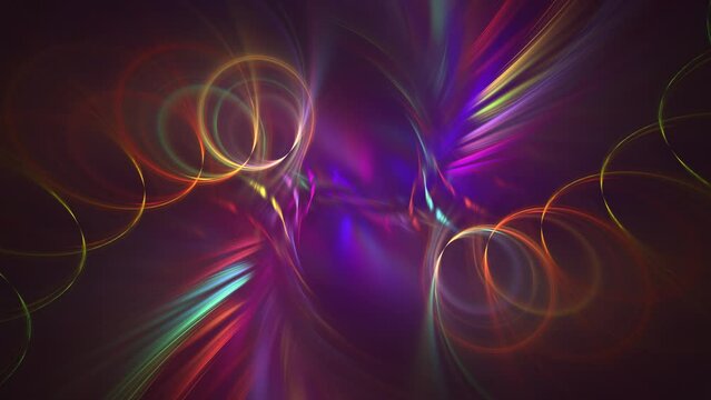 Multicolored flows revolving, forming bright patterns. Holi indian festival of paints, colors and spring theme. Fractal background spin of curved iridescent vibes in purple glow. 4K UHD 4096x2304