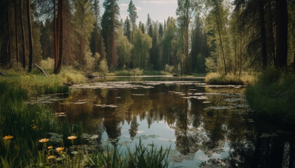 Tranquil scene of a green forest reflecting in a peaceful pond generated by AI