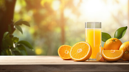 orange juice on wooden table with sunshine
