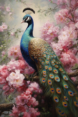 Fototapeta premium A peacock painted with oil paints on flower.