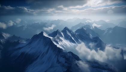 Majestic mountain peak, snow covered landscape, tranquil scene, blue sky generated by AI