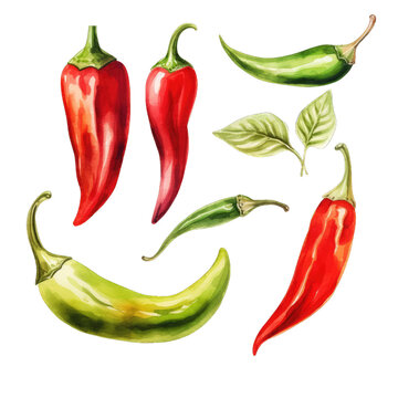 Watercolor set of chili peppers isolated on transparent background. Red and green chili peppers watercolor