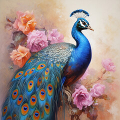 Beautiful peacock painted with oil paints on flower.