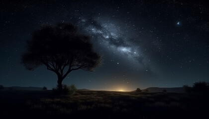 Milky Way illuminates night sky, revealing mysterious star filled landscape generated by AI
