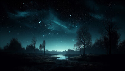 Night mystery illuminated by the milky way in a tranquil landscape generated by AI