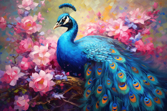 Beautiful peacock painted with oil paints on flower.