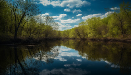 Fototapeta na wymiar Blue sky reflects on tranquil pond, showcasing nature vibrant beauty generated by AI