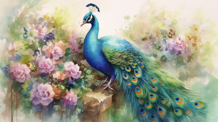 Fototapeta premium A peacock, Watercolor painting of peacock on flower.