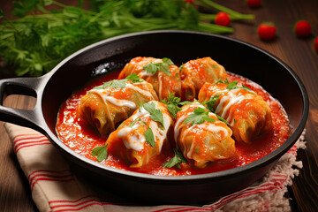 cabbage rolls with tomato sauce lie on a pan.